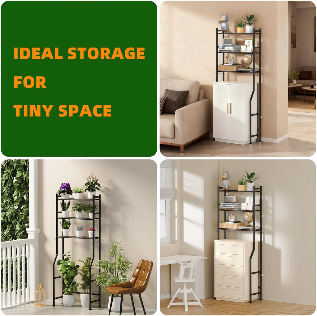 3 Tier Over The Toilet Storage Rack with 2 Basket, Metal Freestanding Bathroom Shelves Toilet with Paper Holder and 4 Hooks, Over Toilet Storage Shelf for Bathroom Storage, Black