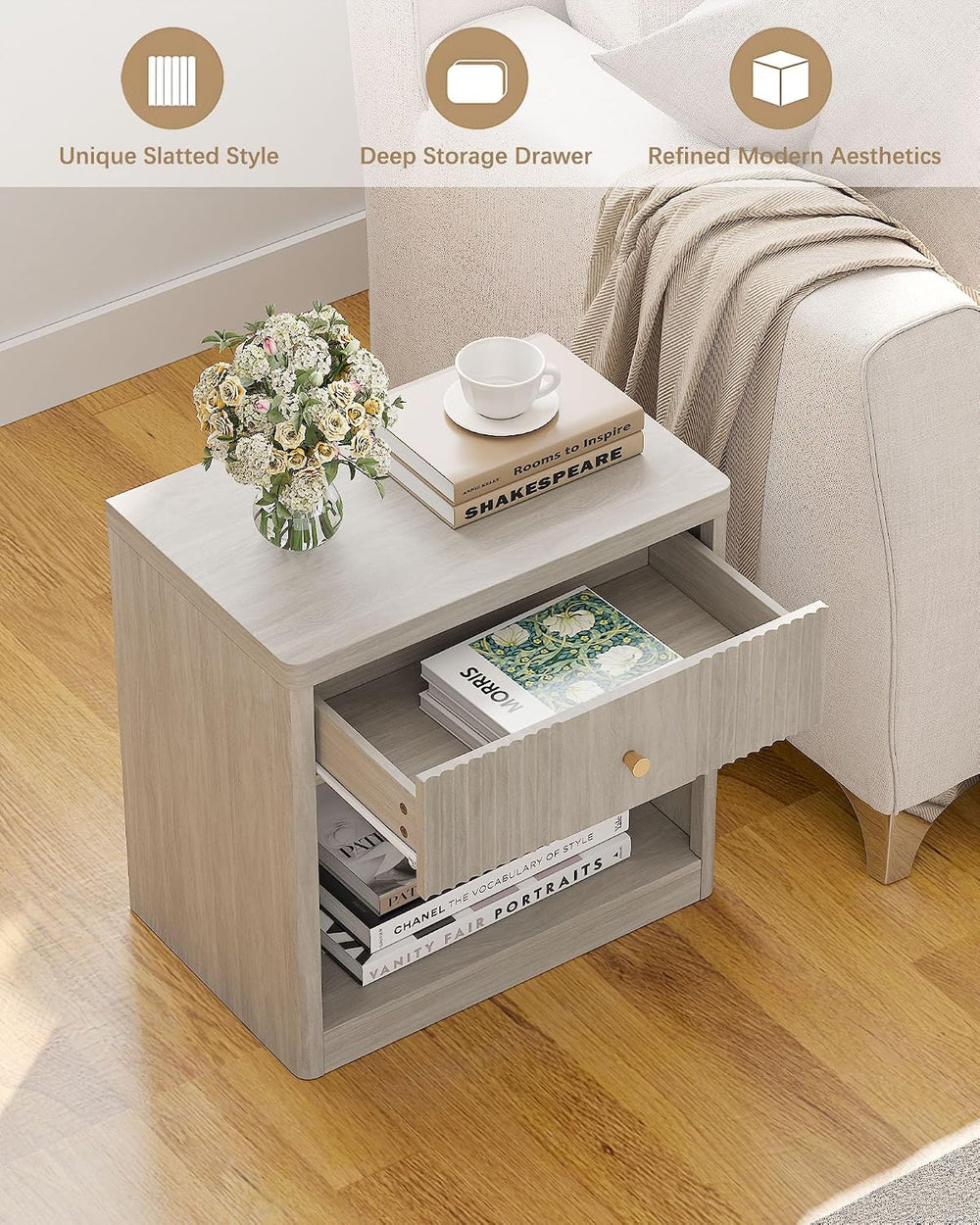 Memobarco Night Stand Set of 2, Fluted Nightstands with Drawer, White Alder |...
