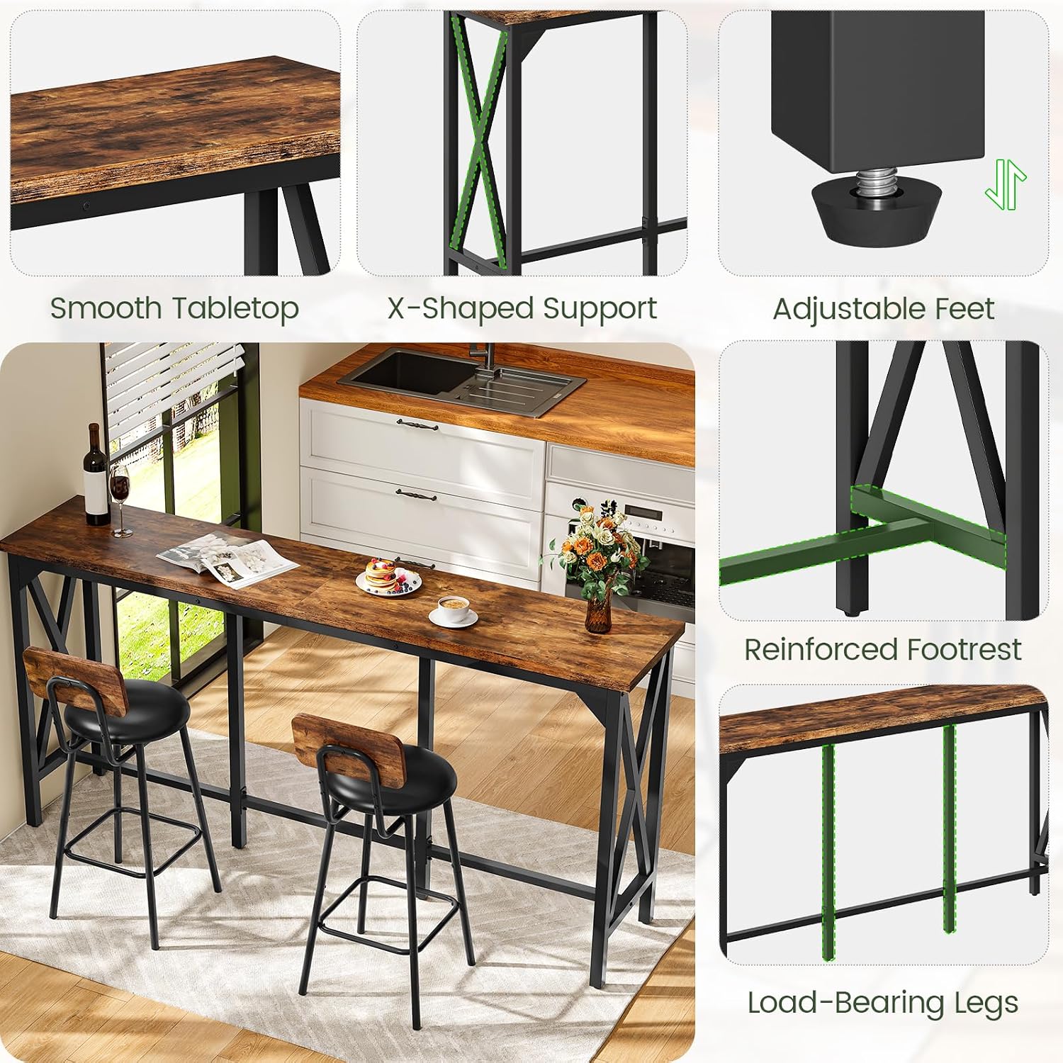 CHOEZON Bar Table and Chairs Set, Counter Height Table and Chairs, with X-Shaped Supports, 1 Pub Table and 2 Chairs, for Dining Room, Living Room, Home Bar, Rustic Brown and Black TBT18BF