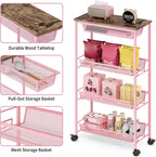 KINGRACK 4-Tier Slim Storage Cart, Metal Rolling Cart, Organizer with Wooden Tabletop and Drawer Basket, Mobile Shelving Unit for Kitchen, Bathroom, Laundry Room, Pink
