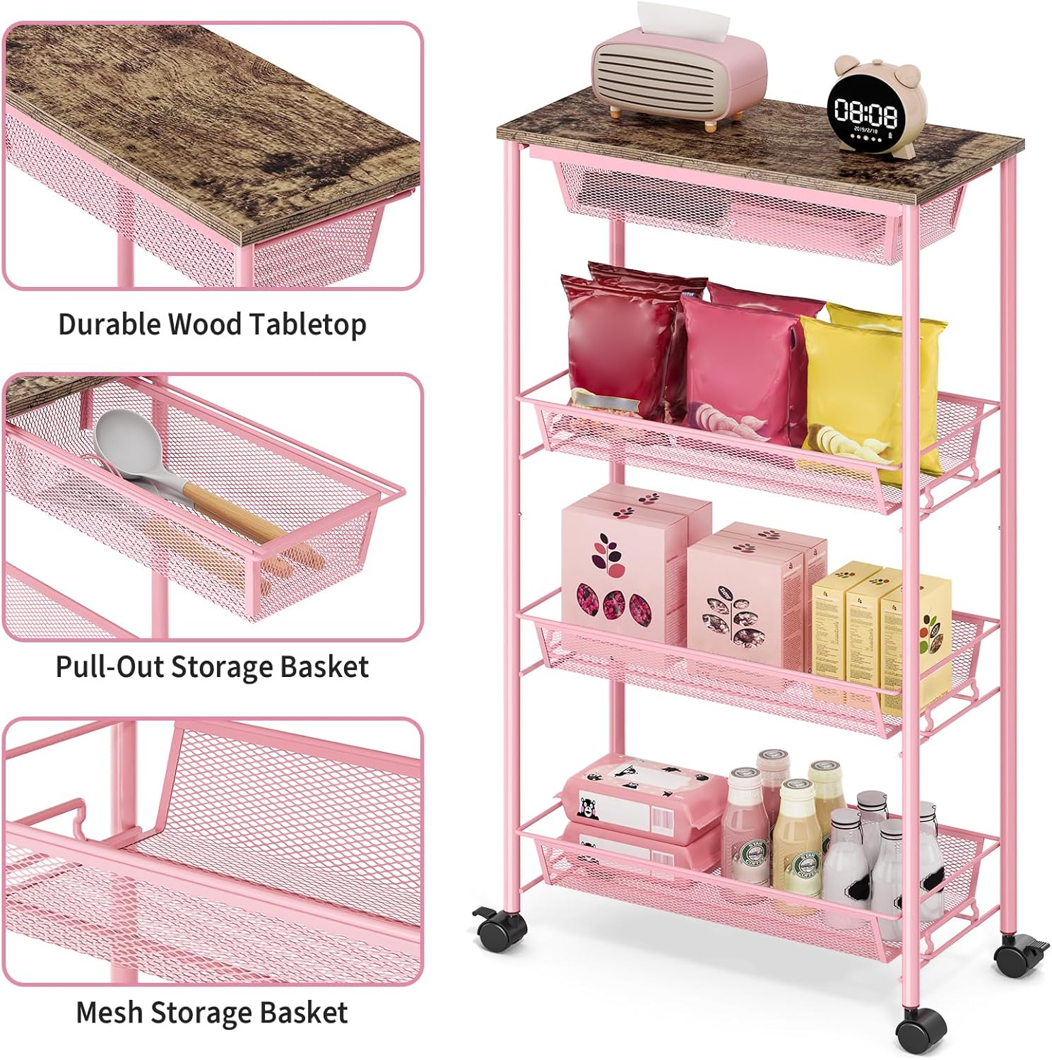 KINGRACK 4-Tier Slim Storage Cart, Metal Rolling Cart, Organizer with Wooden Tabletop and Drawer Basket, Mobile Shelving Unit for Kitchen, Bathroom, Laundry Room, Pink