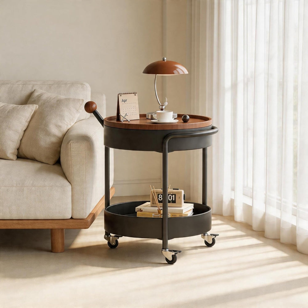Mid-Century Modern Round Side Table, 2-Tier Mobile Sofa End Table with Rotata...