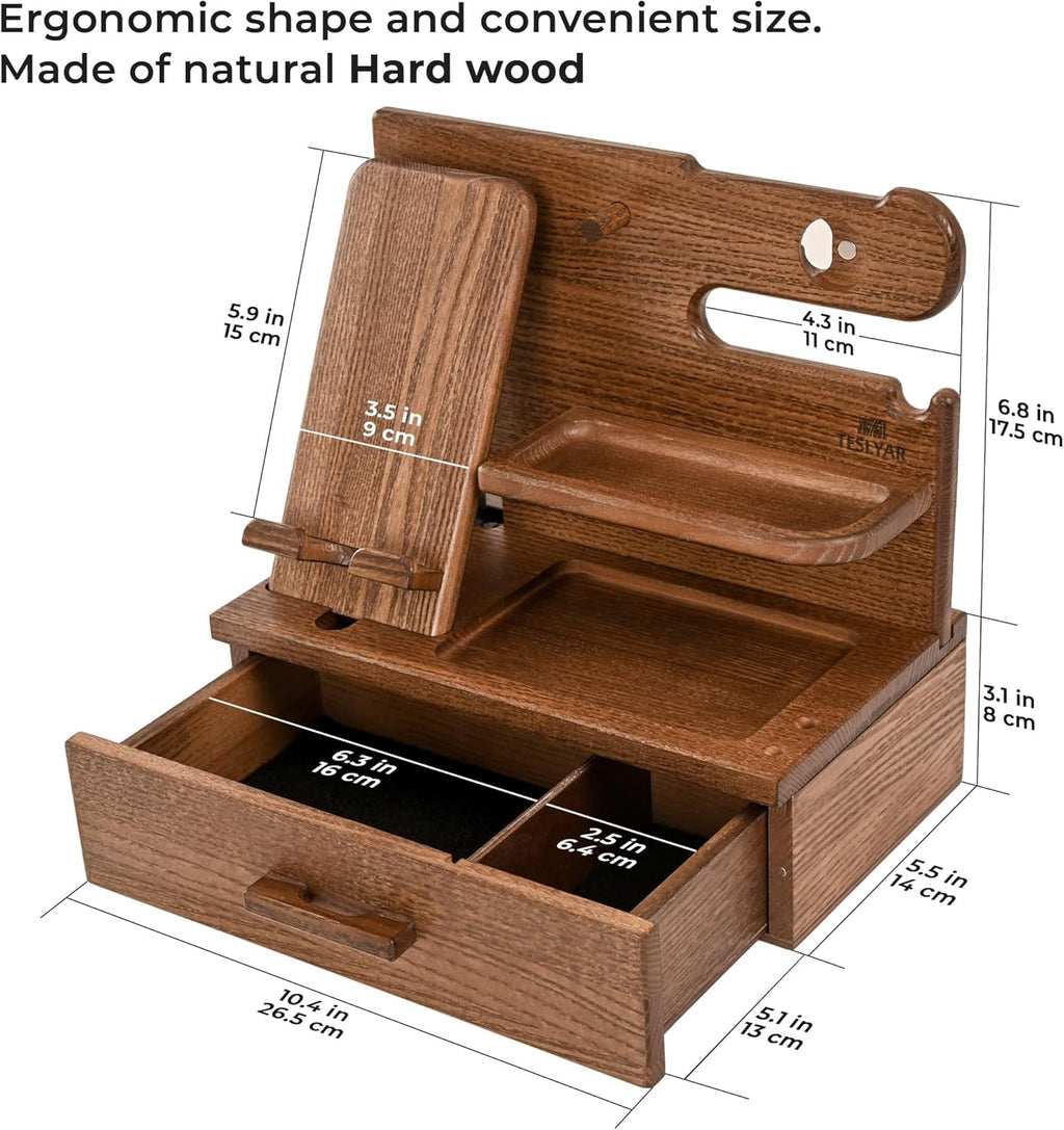 TESLYAR Wood Phone Docking Station with Drawer - Nightstand Organizer - Desk Organizer for Husband - Birthday Gifts for Men, Dad, Anniversary Idea, Key Holder Stand Watch & Accessories (Earth Beige)