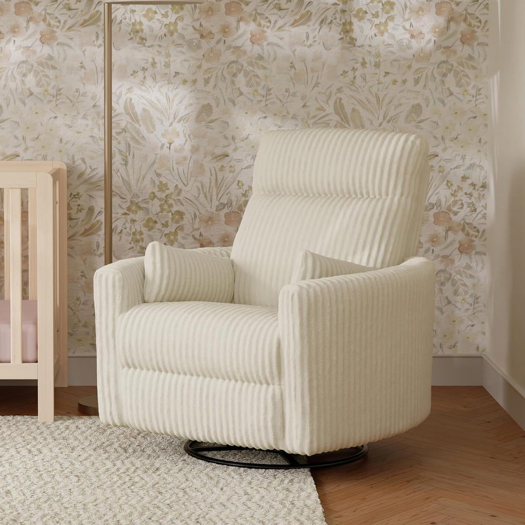 Davinci Atlas Upholstered Recliner and Swivel Glider in Cream Cozy Corduroy | Nursery Glider Chair with High Back, Padded Armrests, and Bolster Pillows | Smooth Recline for Nursing and Feeding