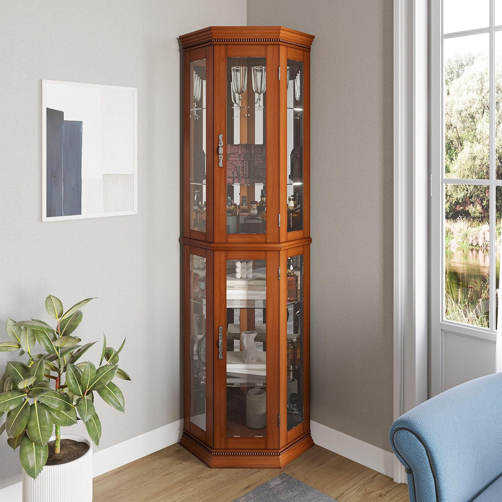 BELLEZE Lighted 3-Side Glass Display Curio Cabinet w/Tempered Glass Doors and...