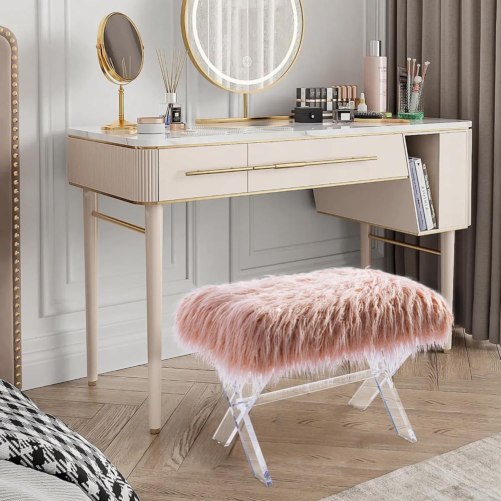 Glitzhome Ottoman Bench, Pink Faux Fur Ottoman Foot Rest, Modern Vanity Stool...