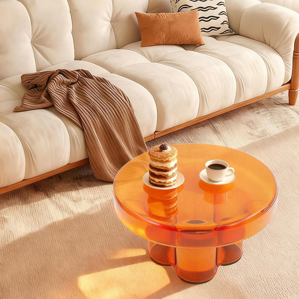 Coffee Table, Round Glass Side Table with Unique Petal Design Pedestal, Simpl...