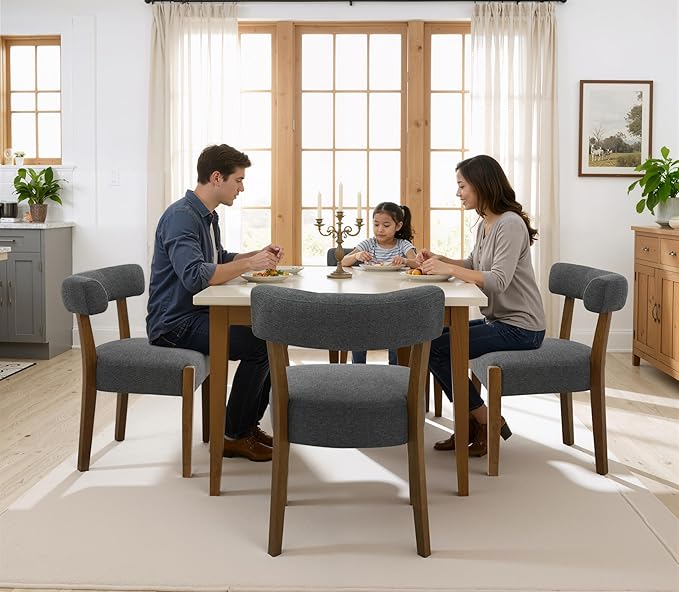 Modern Dining Chairs Set of 8, Walnut Upholstered Kitchen & Dining Room Chairs, Mid Century Wooden Dining Chairs Oversized Sturdy Fabric Rounded Chairs Curved Back, Dark Grey