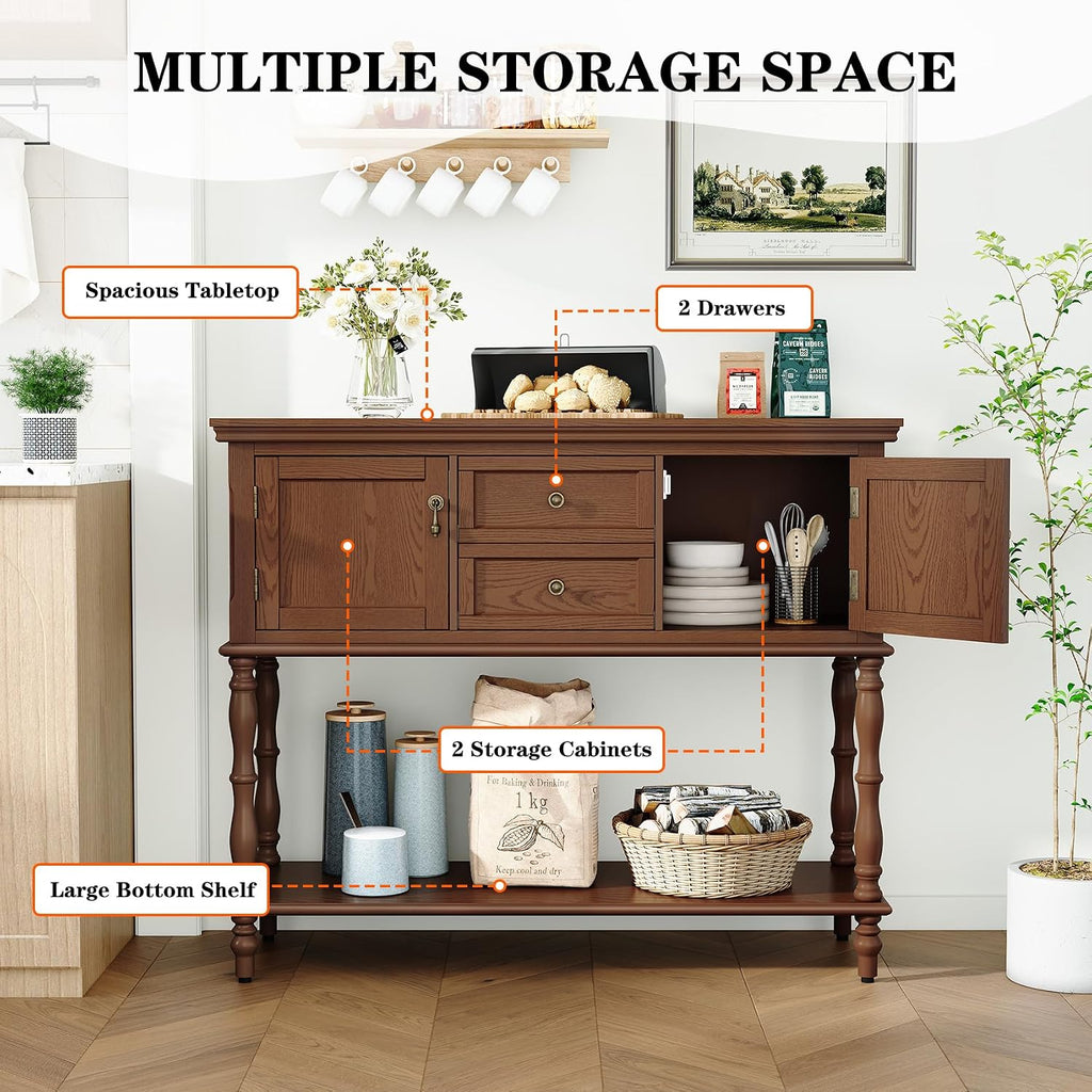 ARTPOWER Console Table with 2 Drawers, Retro Entryway Table with 2 Door | Solid Wood Veneer Entry Table, Behind Couch Sofa Table with Open Storage Shelf for Living Room, Foyer, Hallway