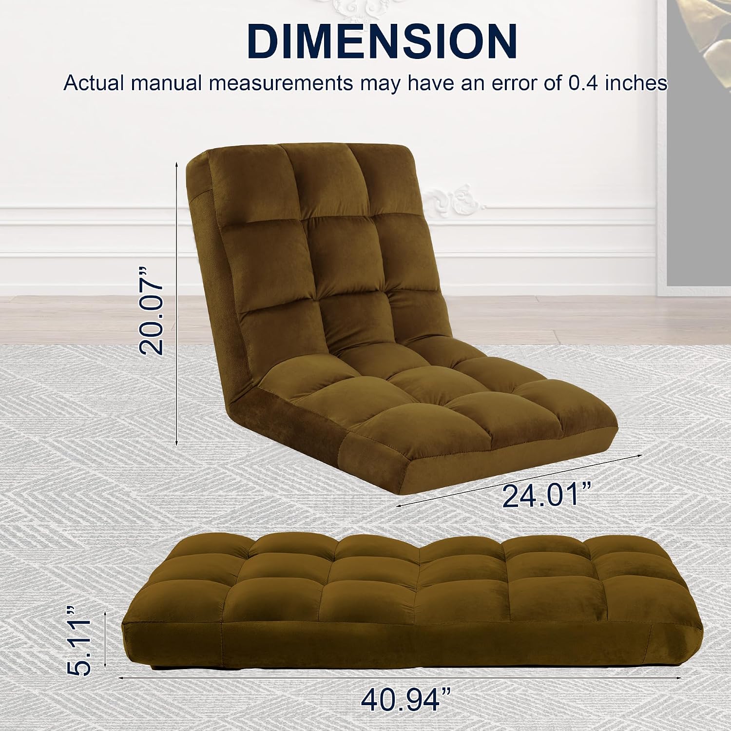 Floor Chair, 24 inches Wide Oversized Velvet Armless Lay Flat Floor seat Padded Meditation Chair with 6 Adjustable Position Ergonomic Comfortable Convenient (Modern, LRSF-014-TAN)