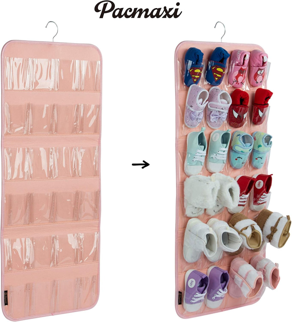 PACMAXI Over The Door Shoes Organizer for 12 Pairs of Baby Shoes Boys Girl | Hanging Baby Sole Shoe Organizer with Hanger Wall Hanging Toddler Holder(Felt Material-Pink)