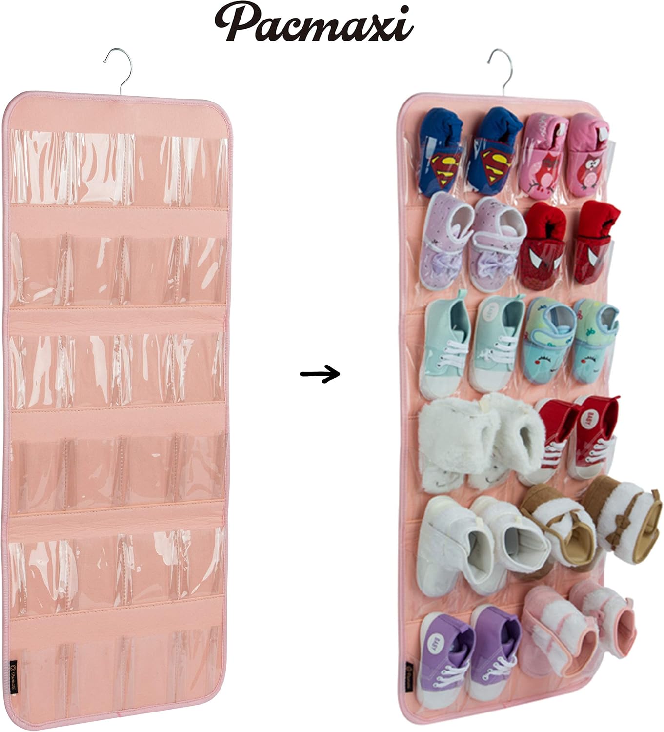 PACMAXI Over The Door Shoes Organizer for 12 Pairs of Baby Shoes Boys Girl | Hanging Baby Sole Shoe Organizer with Hanger Wall Hanging Toddler Holder(Felt Material-Pink)