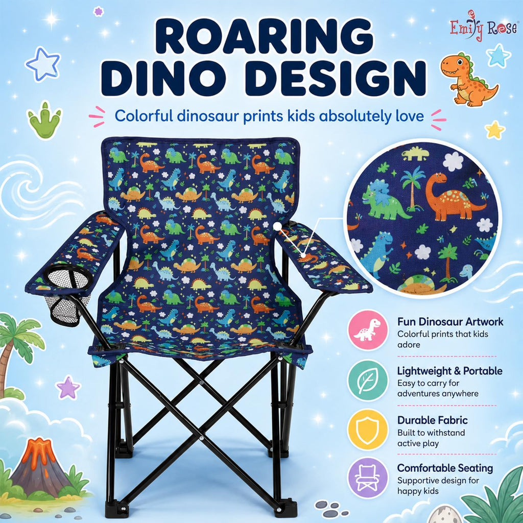 Emily Rose Playful Dinosaurs Kids Folding Camp Chair - Lightweight Portable Toddler Beach Chair Ages 2-7 with Safety Lock Cup Holder Carry Case 125 lb Capacity for Boys Girls Indoor Outdoor Adventures