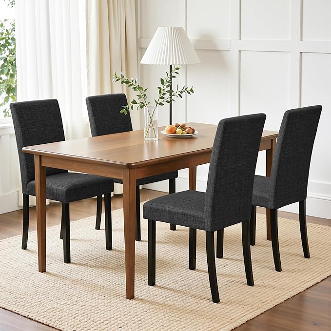 CHUN YI Upholstered Dining Chairs Set of 4, Fabric Dining Room Chairs with Solid Wood Legs, Modern Parson Chairs for Kitchen, Restaurant, Hotel, Black