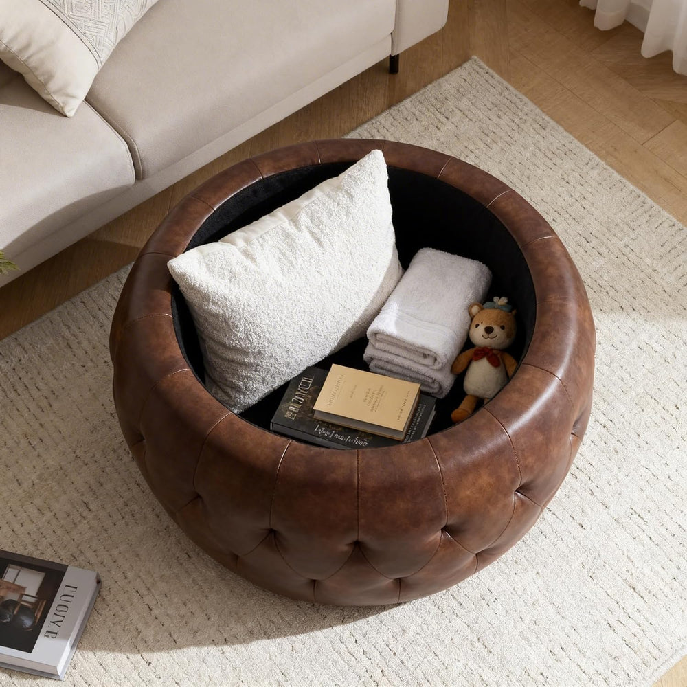 YDcosyfy 25 Inches Large Round Storage Ottoman, Modern Upholstered Ottoman Co...