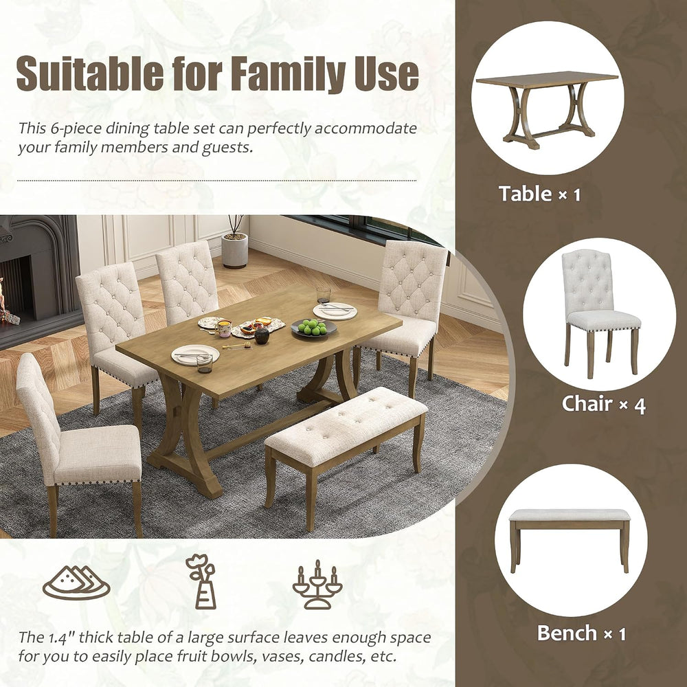 Mirightone Farmhouse Dining Table Set for 6, Dining Table with Bench and Chai...