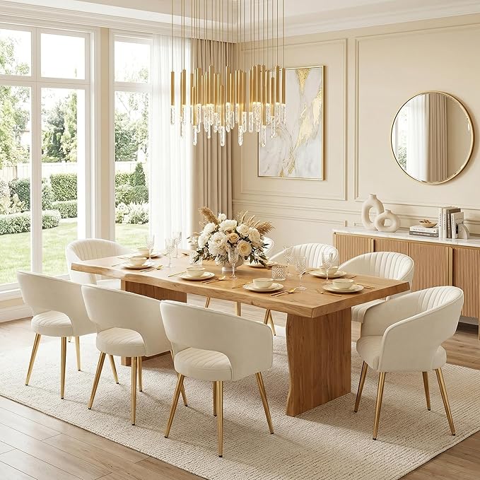 Cream Velvet Dining Chairs Gold Legs, Modern Dining Room Chairs with Arms Set of 6 Upholstered Accent Chair Armchair with Barrel Back for Kitchen Living Room