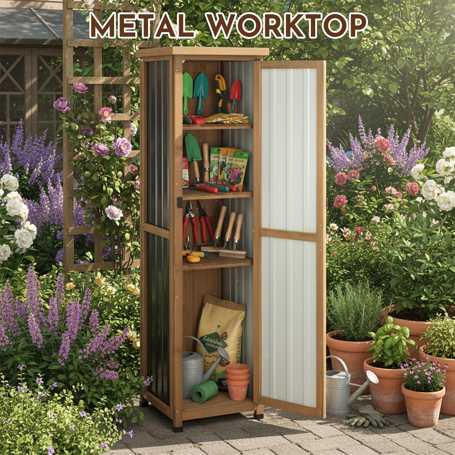 Outdoor Storage Cabinet, 62" Tall Thin Garden Cabinet with Adjustable Shelf and Weather-Resistant Design Farmhouse Accent Cupboard for Patio, Garden, Yard or Porch (18" L x 18" W x 62" H)