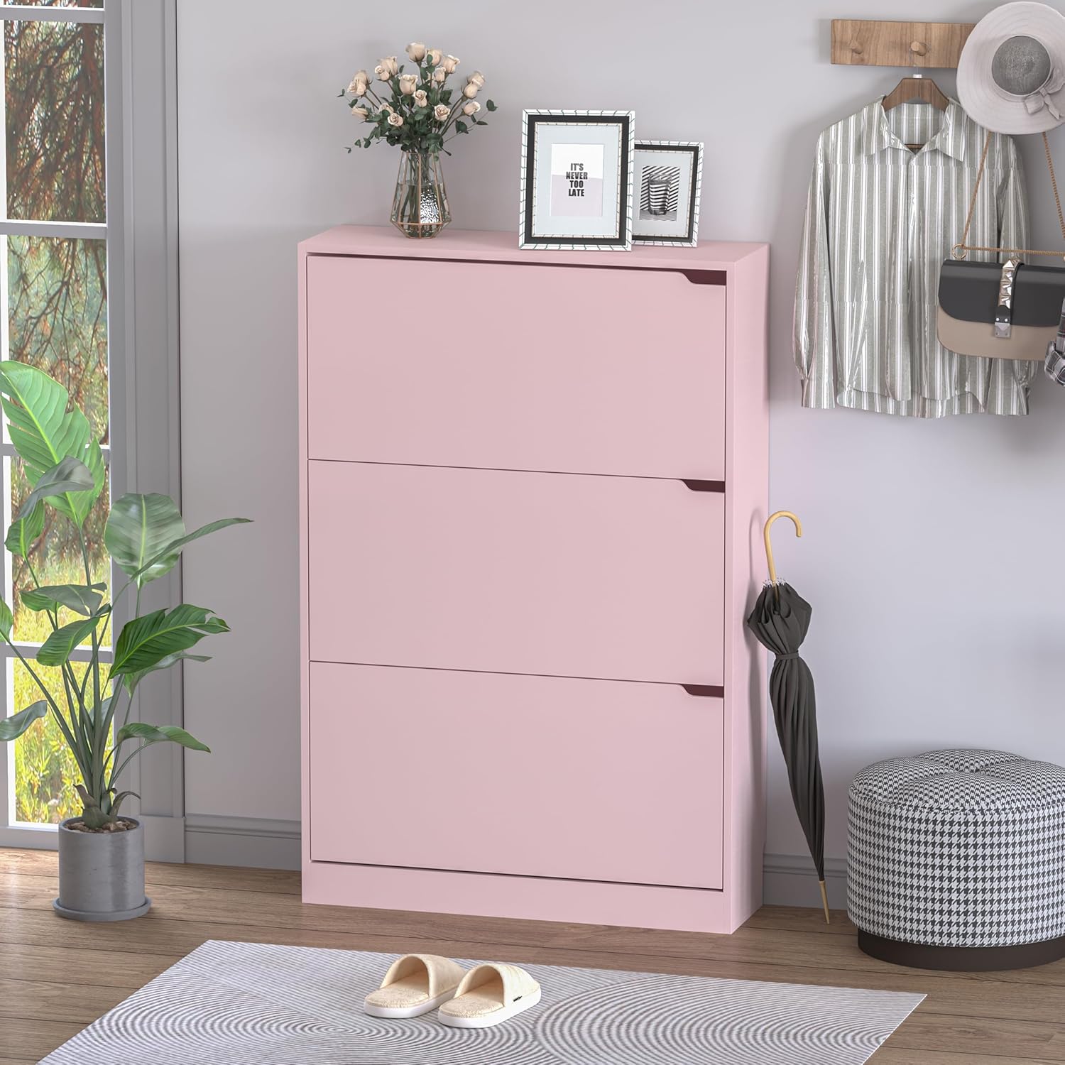 Shoe Cabinet with 3 Flip Drawers, Hidden Wood Shoe Cabinet,Freestanding Shoe Storage Cabinet for Entryway Hallway.White. 47.2" H*31.5" W*9.45" D (Pink)