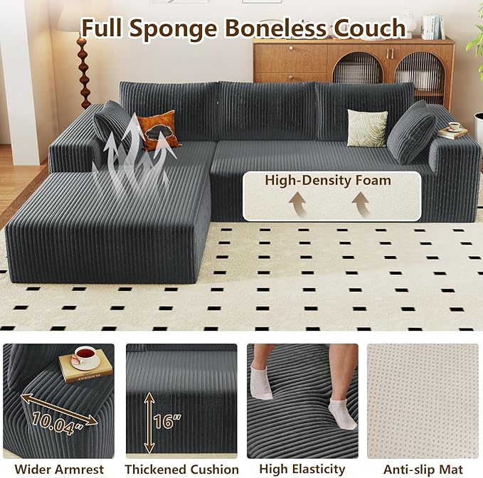 96" Modular Sectional Couch, Boneless L Shaped Cloud Sofa with Chaise Lounge, Corduroy Upholstered Couches Memory Foam Deep Seat, No Assembly Required, Ideal for Living Room(Dark Gray, Left Facing)