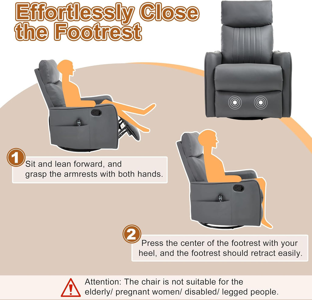 Manual Swivel Rocker Recliner Chair for Adults, Overstuffed Reclining Glider Chair for Nursing with Vibration Massage & Heat, Living Room Rocking Recliner 2-Stage backrest, Faux Leather Gray