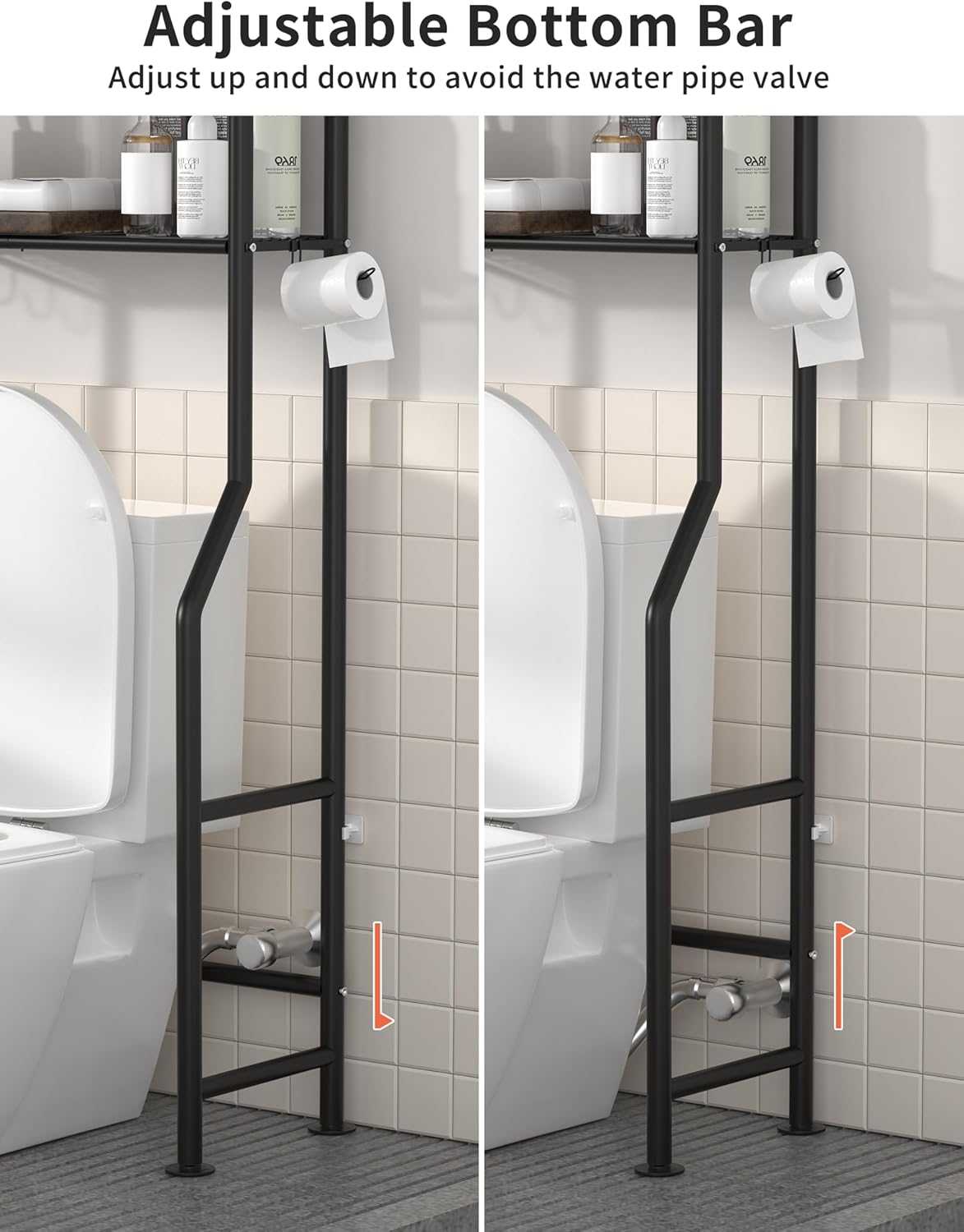 3-Tier Over The Toilet Storage, Freestanding Metal Bathroom Shelves with 4 Hooks, Over Toilet Storage Shelf with Paper Holder, Above The Toilet Shelf for Bathroom Storage, Black