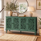 Green Sideboard Cabinet with Carved Doors, Green Buffet Cabinet, Vintage Cabinet with Storage Shelves, Farmhouse Storage Cabinet for Dining Room, Living Room & Entryway