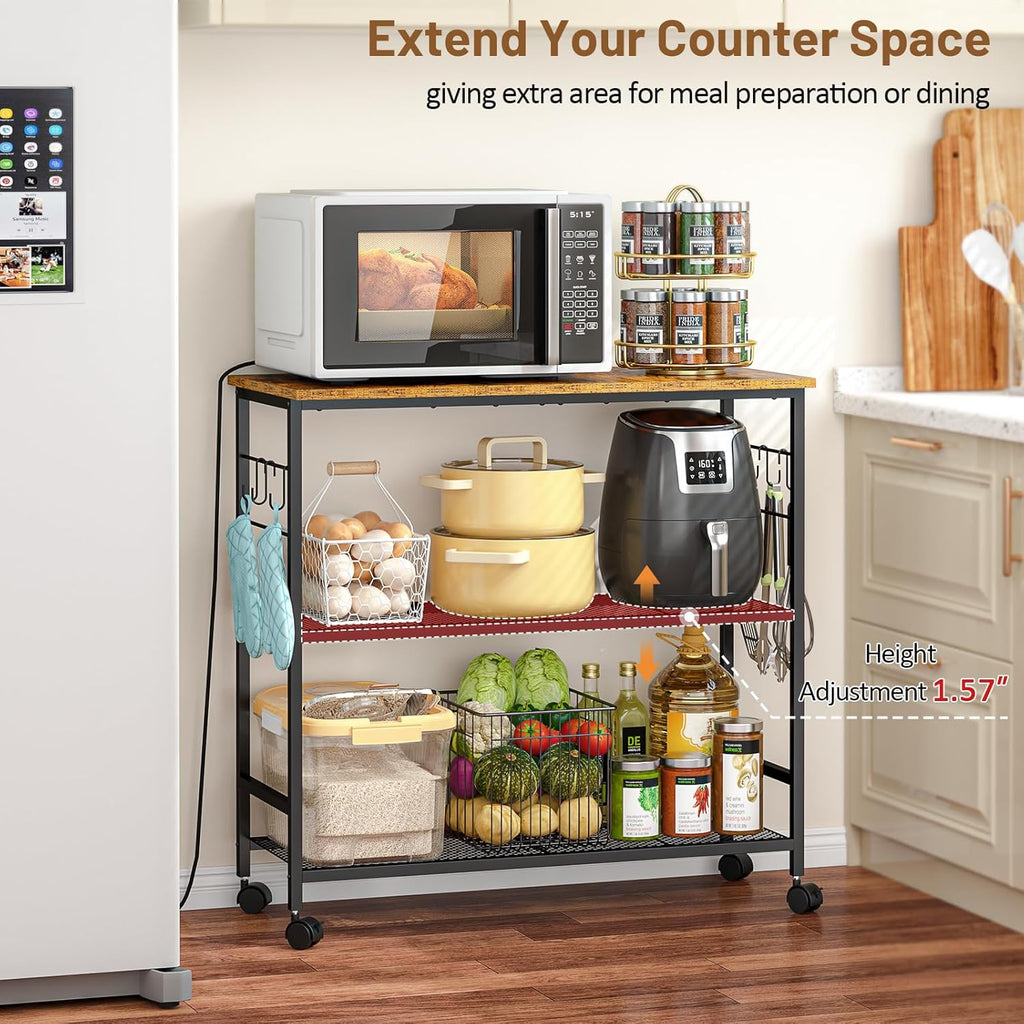 3 Tier Rolling Kitchen Microwave Cart, 33 Inch Microwave Table Stand with Adjustable Shelf, Kitchen Storage Island Utility Cart on Lockable Wheels, Bakers Rack Coffee Bar for Living Room, Office