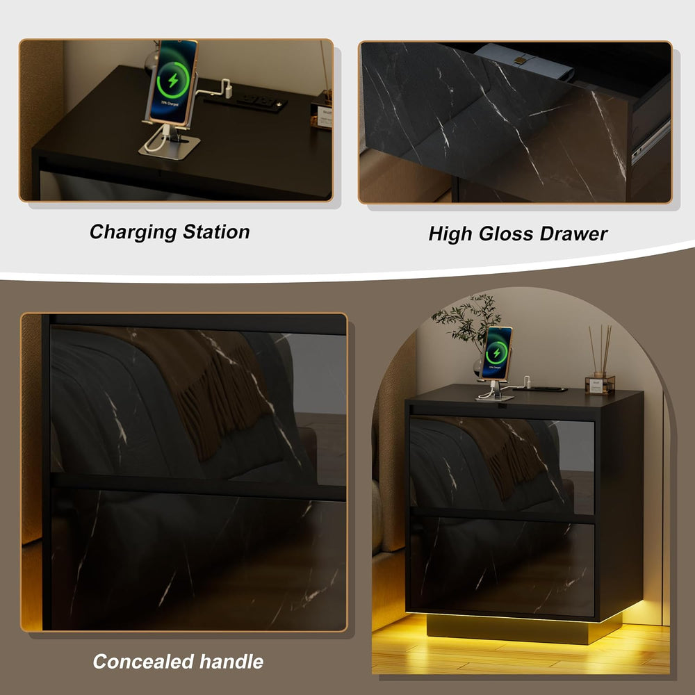 Anbuy LED Nightstand with 2 Drawers & Power Outlets, Nightstand Set of 2 ...