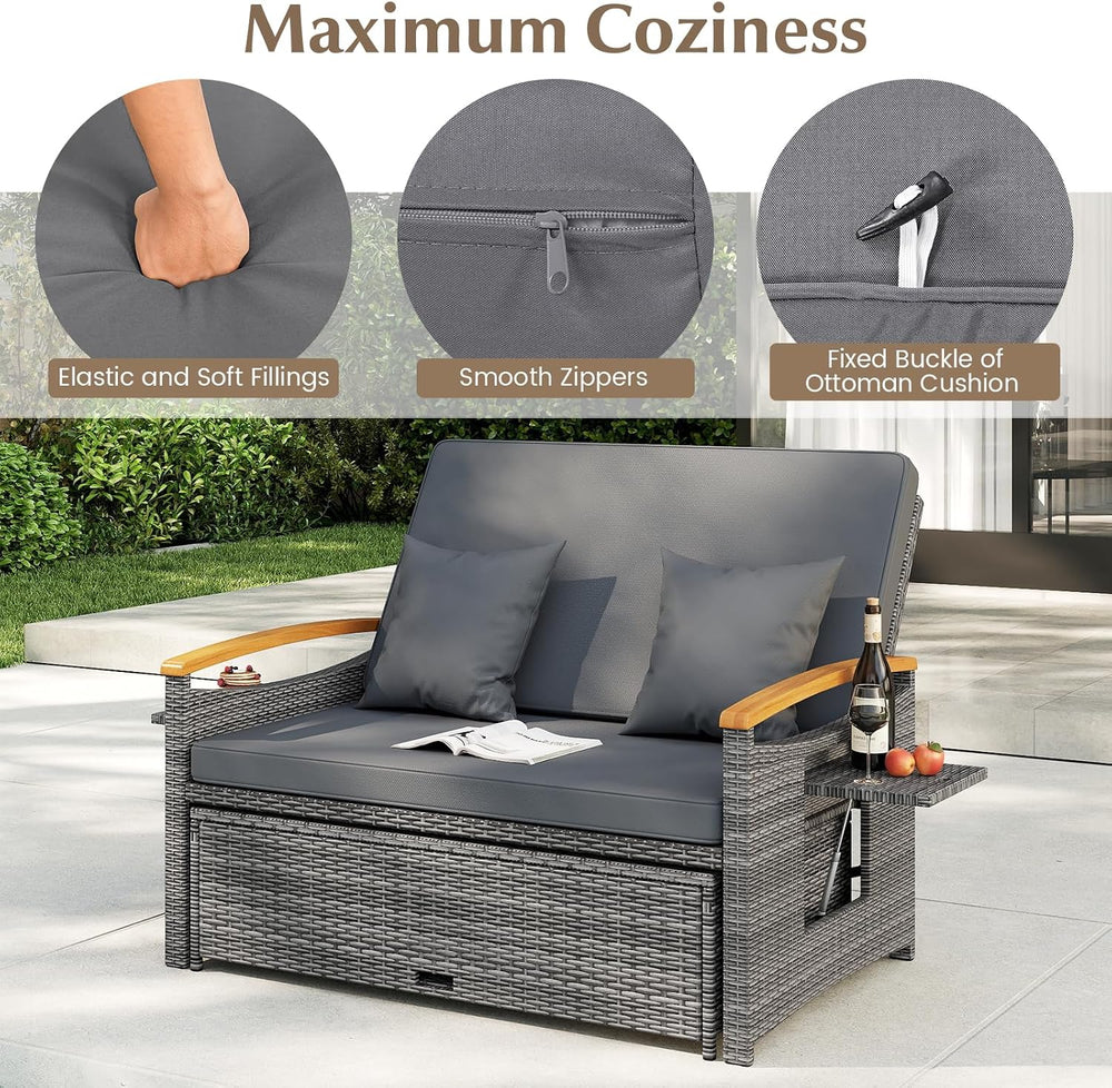 HAPPYGRILL Outdoor Wicker Sofa Daybed, Rattan Loveseat with Folding Panels &a...