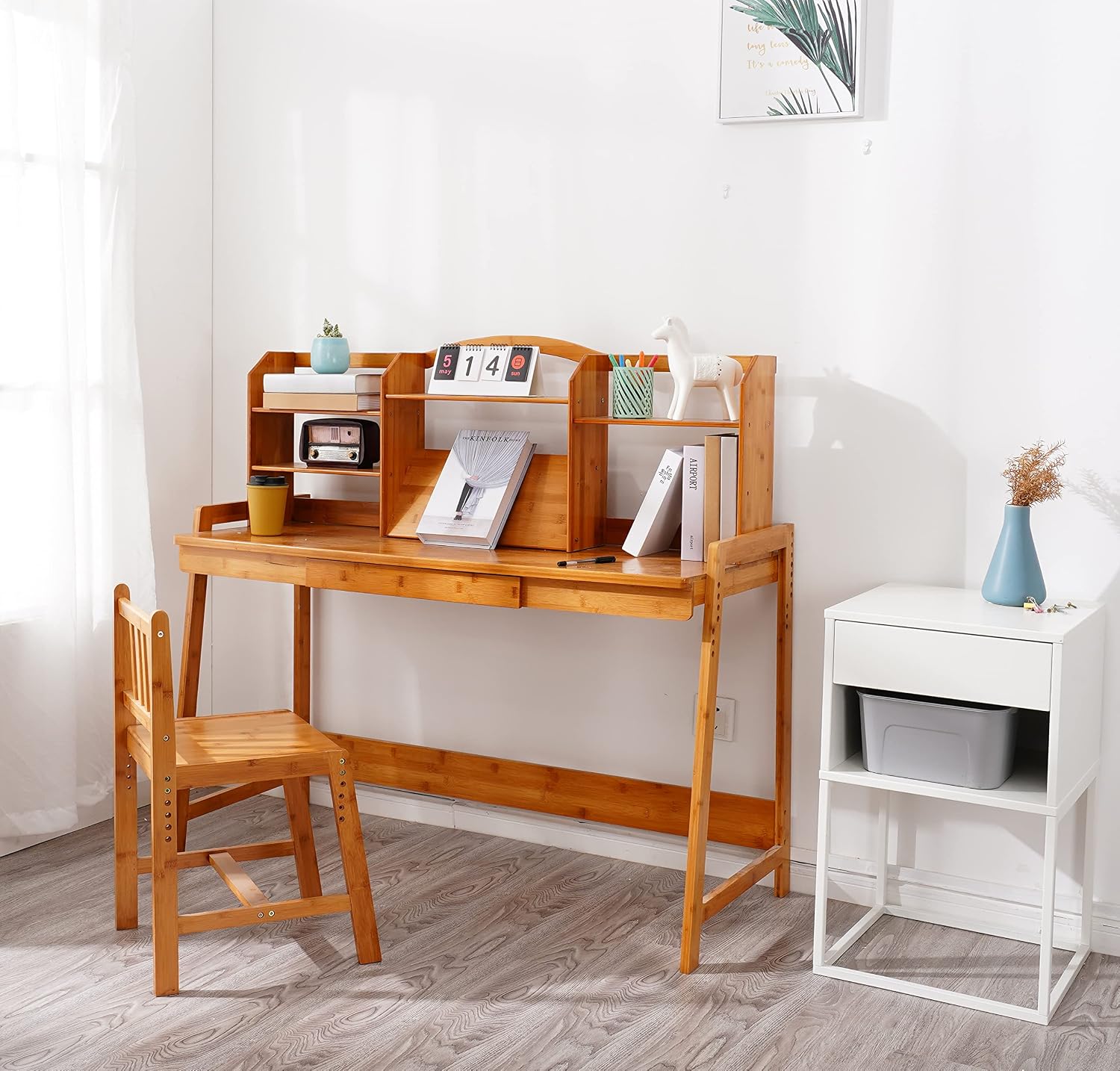 Kids Desk and Chair Set, Height Adjustable Bamboo Study Desk with Storage Hutch and Bookshelf, Wooden Writing Table for Toddlers and Kids, Easy-Clean Surface, Natural (02)