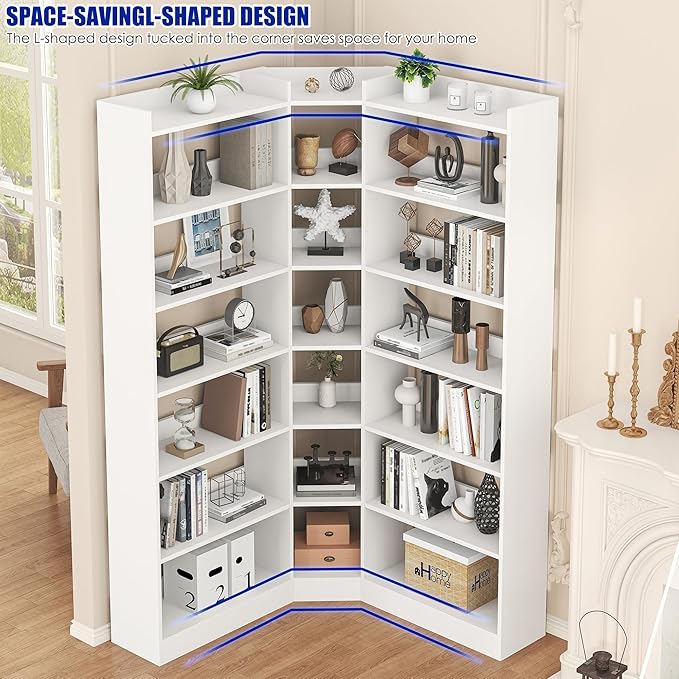 70.8" Tall Corner Bookshelf and Bookcases, 7 Tiers Morden Large Etagere Bookcases Storage Display Rack with Baffle, Industrial L Shaped Bookshelves for Bedroom, Home Office, Living Room, White