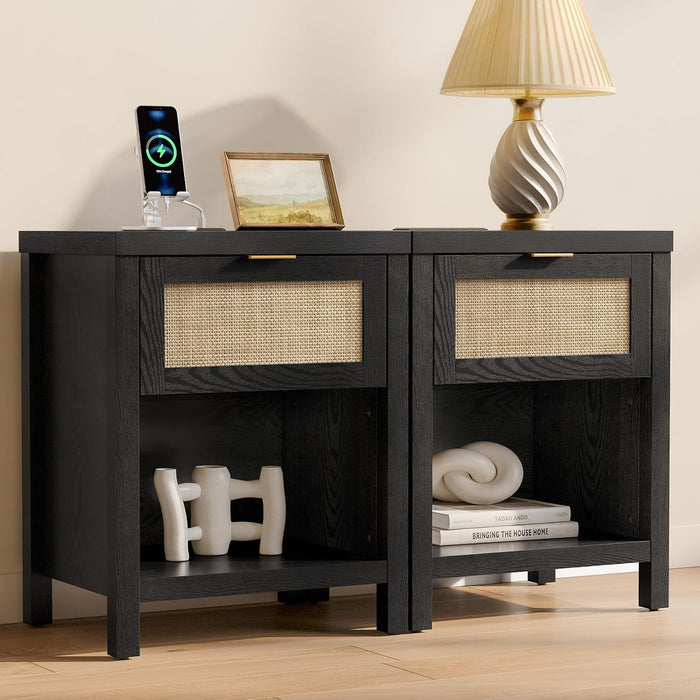 SICOTAS Black Rattan Nightstands Set of 2 with Charging Station | Modern Night Stand with Drawer, Bedside Table with USB and Type-C Ports, Bed Side Tables for Bedroom, Black Oak, 2 PCS