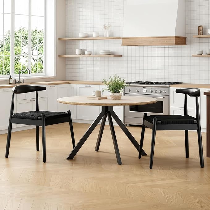 Farini Mid Century Modern Dining Chairs Set of 2, Solid Wood Frame Kitchen Chairs with Woven Upholstered Seat for Dining Room & Breakfast Nook,Black-Black