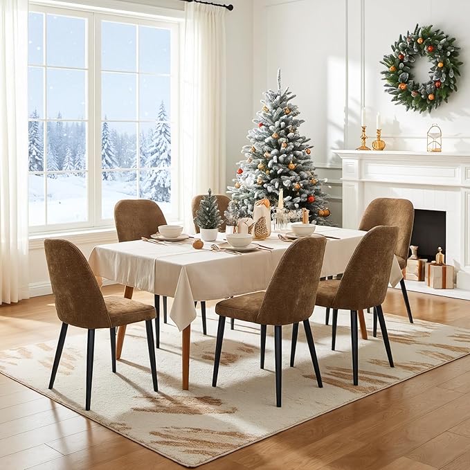 Upholstered Dining Chairs Set of 6 Modern Kitchen Chairs Chenille Fabric Dining Room Chairs High-Back Padded Dining Chairs with Metal Legs for Kitchen Dining Room Restaurant Cafe Hotel, Brown