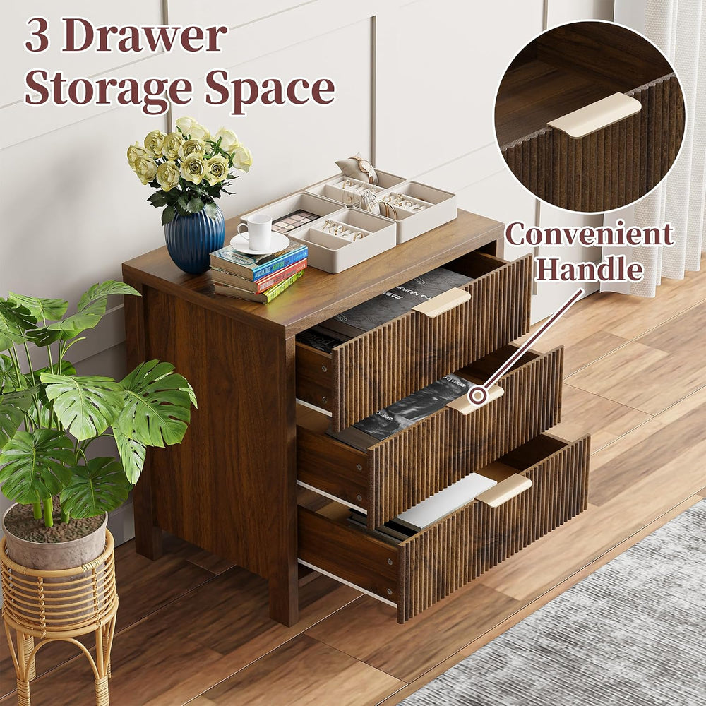 Fluted Nightstands Set of 2, 23.7'' Wide Night Stand with 3 Drawers, ...