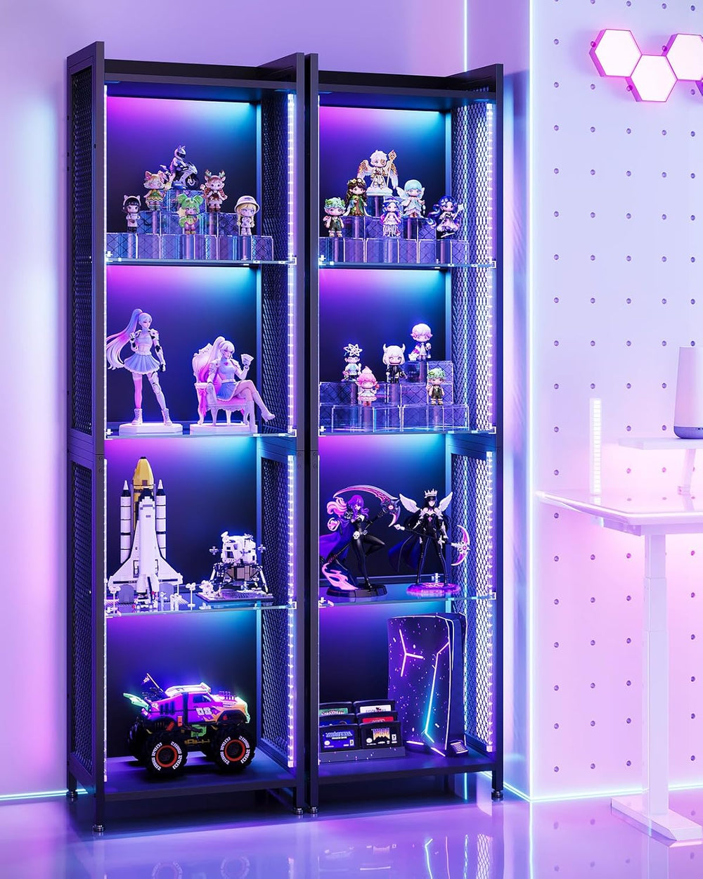 AODK Display Case with LED Lights, Display Cabinet with Open Glass Shelves fo...
