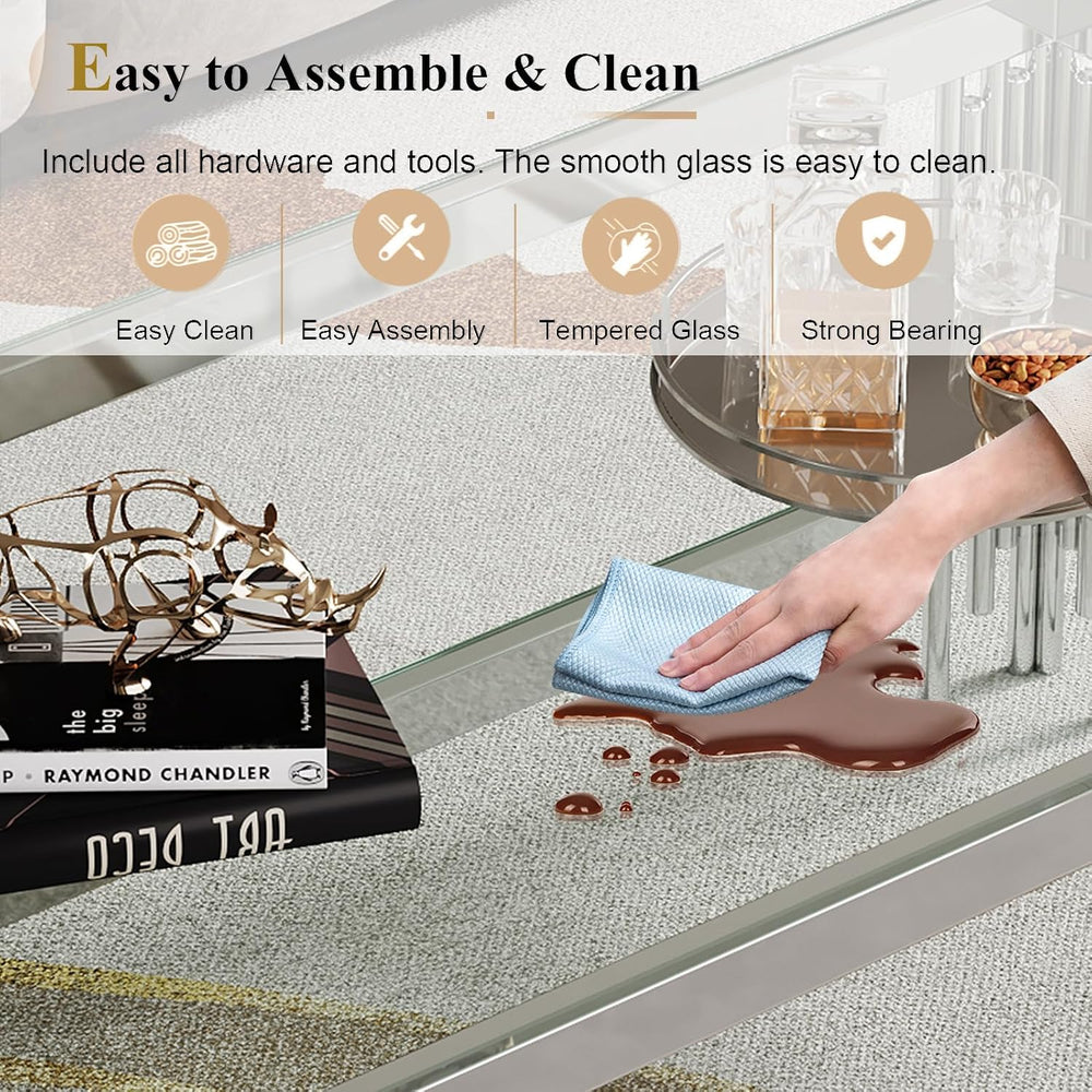 Modern Glass Coffee Table Set of 3, Luxury 2-Tier Clear Glass Coffee Table an...