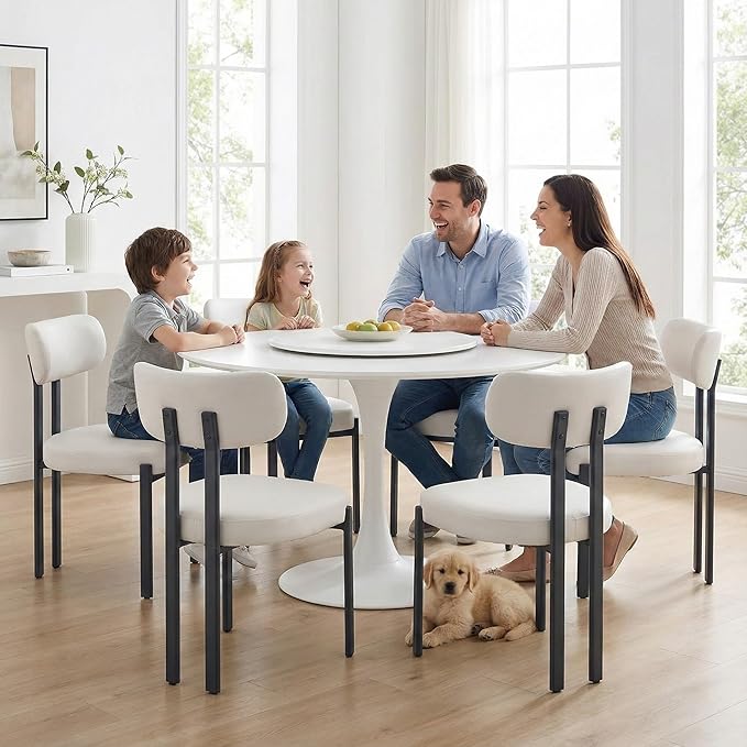 LukeAlon Faux Leather Dining Chairs Set of 6, Modern Curved Back Armless Kitchen Chairs with Black Metal Legs Upholstered Dining Room Chairs Reception Guests Chair for Restaurant Office, White