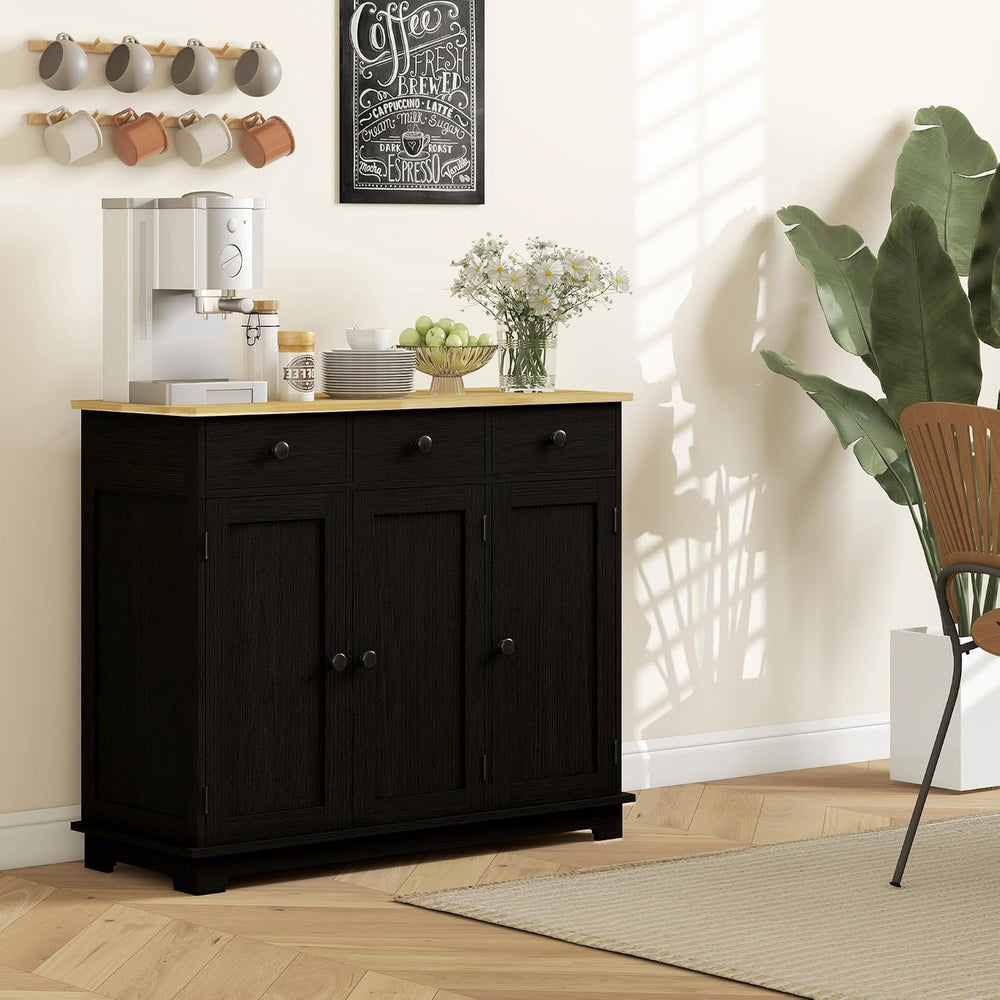 HOMCOM Sideboard Buffet Cabinet Solid Wood Countertop Modern Black