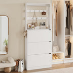 Tall Shoe Cabinet with Coat Rack, Hidden Shoe Storage Cabinet with Doors & Drawer, Hanging Bar & Hooks, Slim Narrow Freestanding Shoe Rack Organizer for Entryway, Hallway & Living Room, White