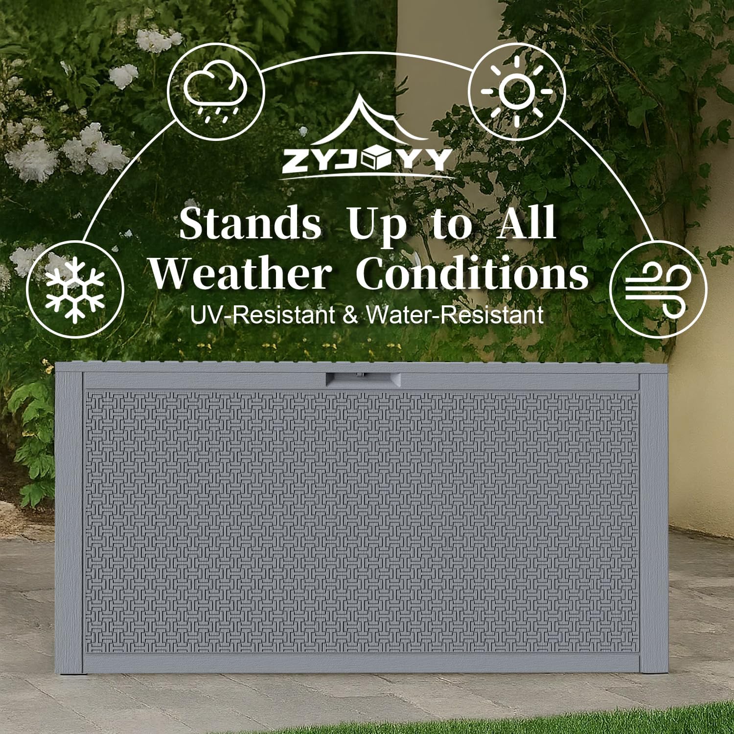 ZYJOYY Outdoor Storage Box, 90 Gallon Deck Box, Waterproof Resin Storage Box for Patio Cushions, Gardening Tools, Lockable, UV Resistant, Grey