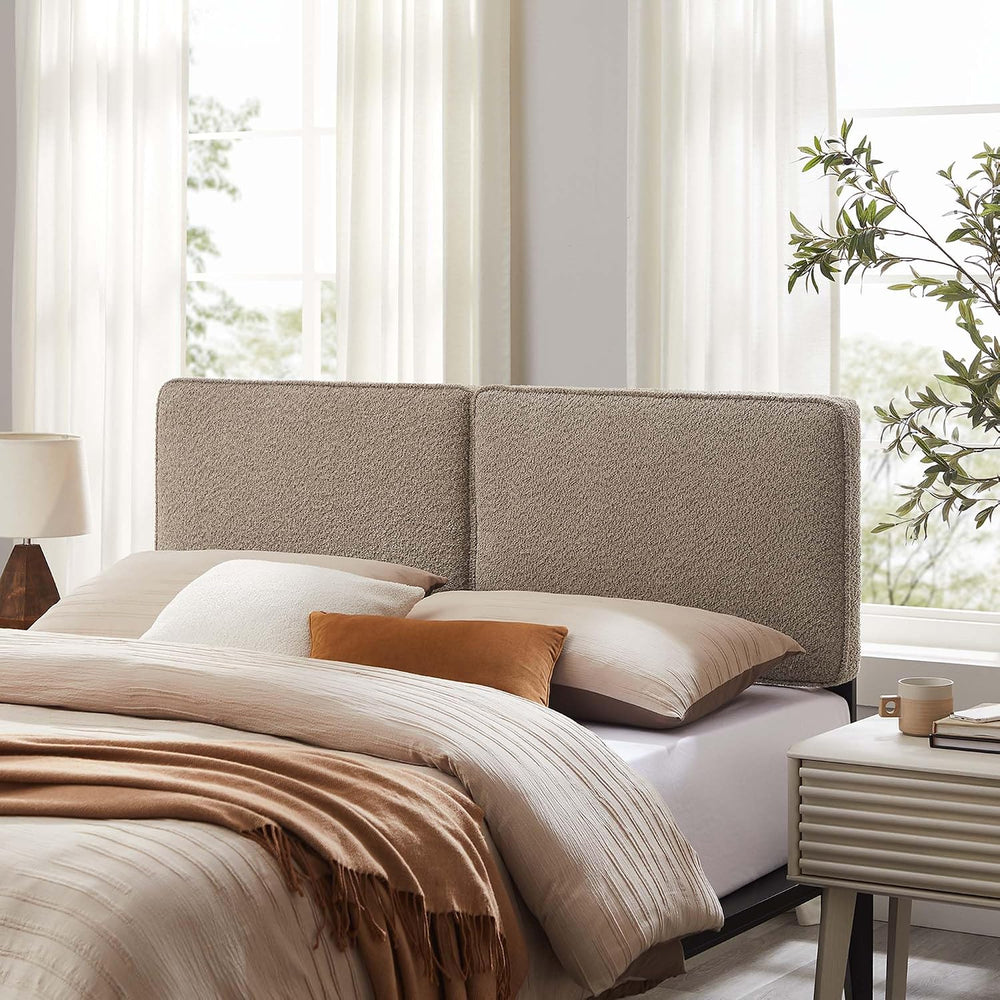 Lindee Oatmeal Boucle Fabric Queen Headboard | French Piping Trim | Dual Pane...