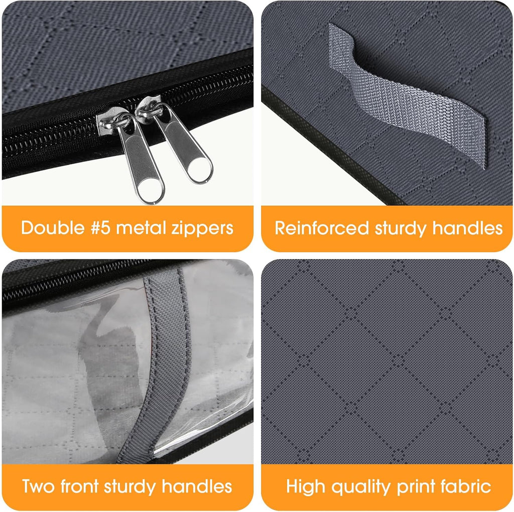 StorageRight Under Bed Storage Bins, 4-Pack 40L Foldable Fabric Storage Bags with Transparent Window, Breathable Organizer for Clothes/Blanket/Comforter/Quilt, Grey