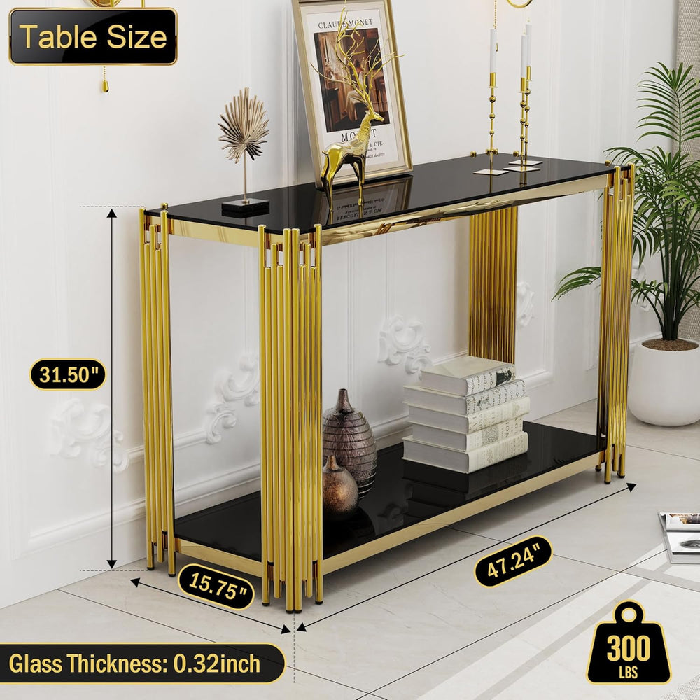 Gold Console Table with Tempered Glass for Entryway Living Room, Modern Luxur...