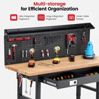 Workbench with Wheels 60 Inch Heavy Duty Rubberwood Tabletop Work Bench for Garage Adjustable Height Work Table with Pegboard, Drawers, Power Outlets for Woodworking, Home, Office, Workshop