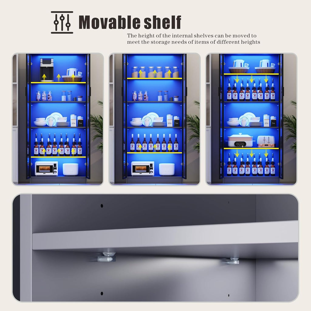 65" Tall Display Cabinet with Doors, Lighted Bookcase with Lights/Human Sensor, 5 Tier Display Case with Adjustable Shelves for Collectibles Bedroom Living Room Office, Grey-Smoked Black Door