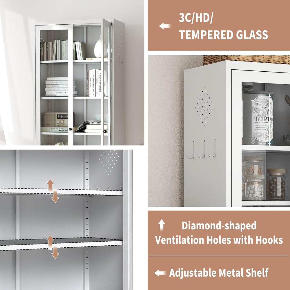 Metal Kitchen Pantry Cabinet - 72" Tall Sideboard Storage Case with Glas...