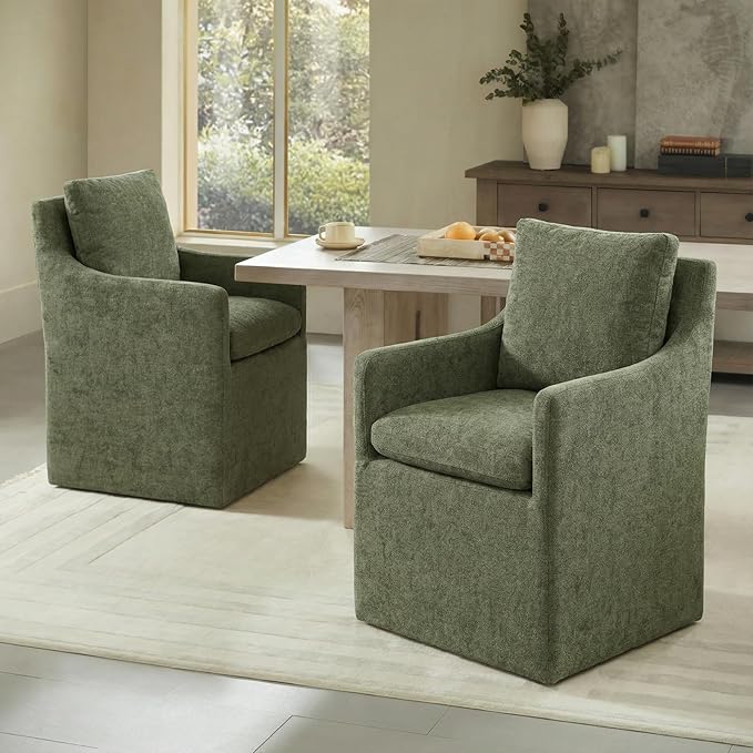 Upholstered Dining Chairs with Casters, No Assembly Modern Accent Armchair wi...