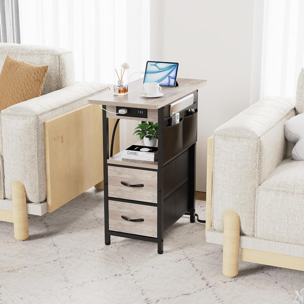 Yenlure Small Side Table with Charging Station, Narrow Nightstand Bedside Tab...